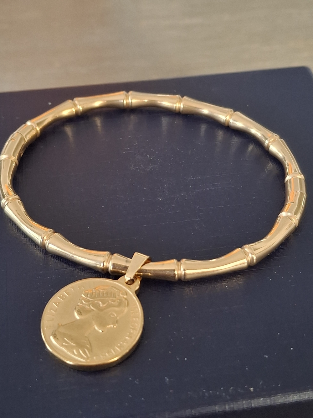Gold Bamboo Hoop Bracelet with Coin Charm